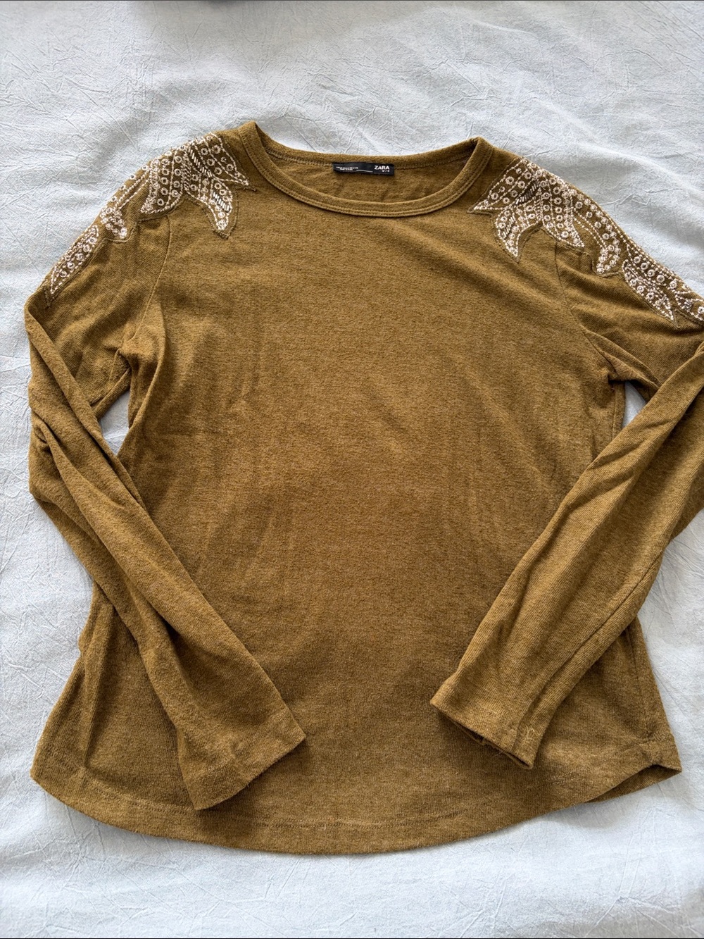 Zara Olive Long-Sleeve Top with Embellished Shoulders